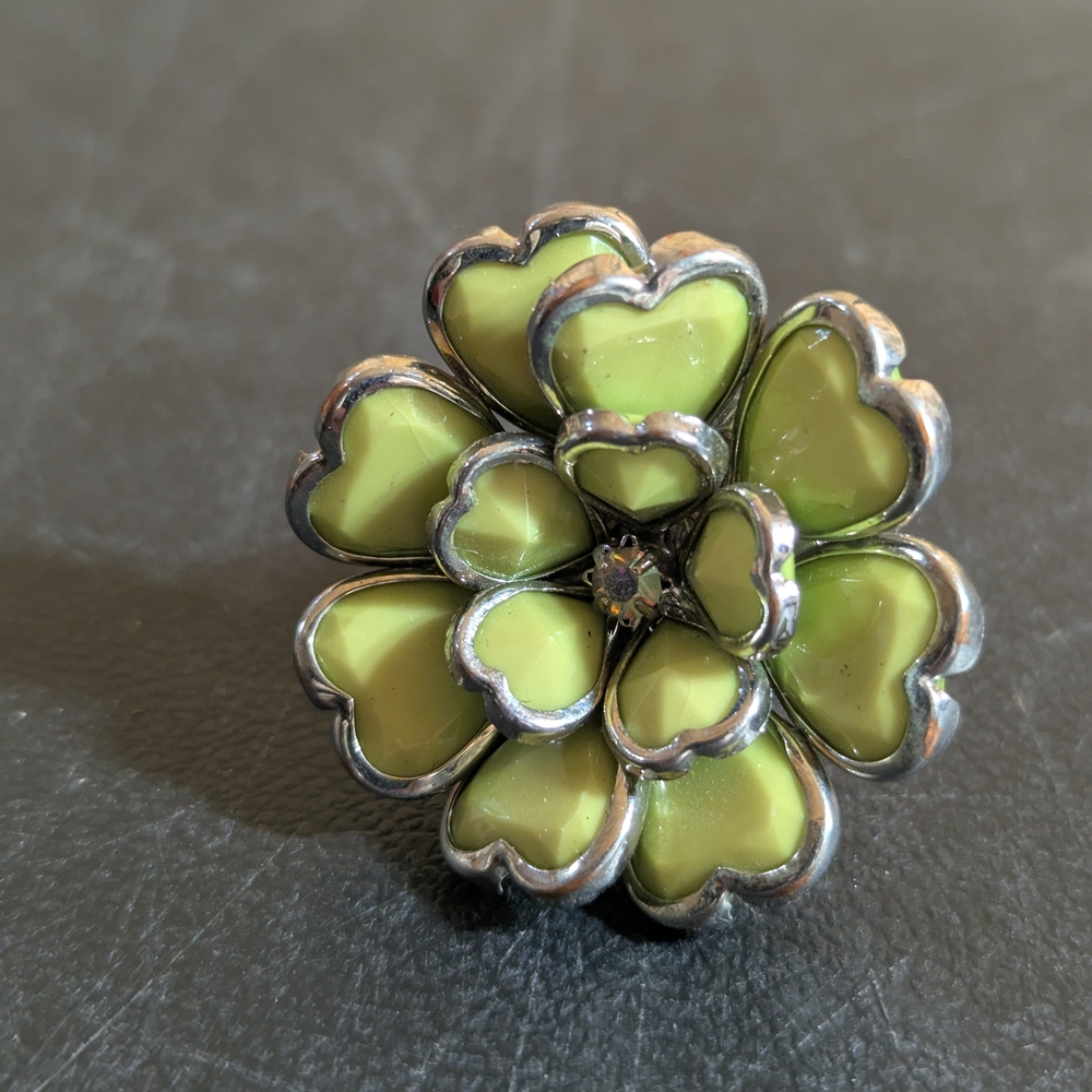 Silver and Green Heart Petal Brooch